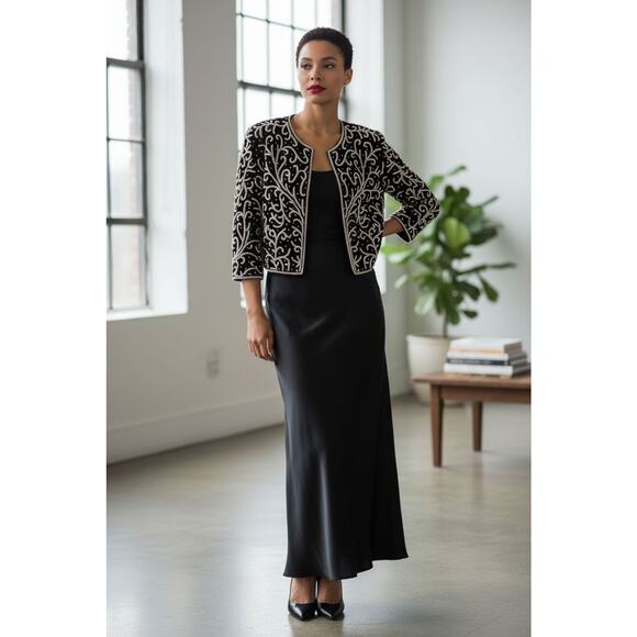 Vintage SILK Jacket Black White Pearls Sz SP Formal Holiday Party Glam Cropped - Picture 3 of 16